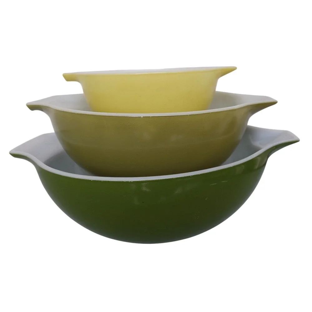 Vintage Pyrex Verde Green Yellow Cinderella Nesting Mixing Bowls Set 444,443,441